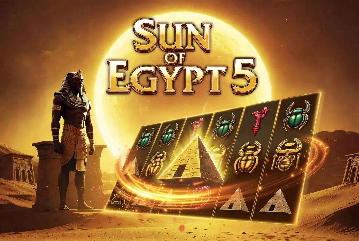 Логотип Sun of Egypt 5 — золотой солнечный диск над пирамидой